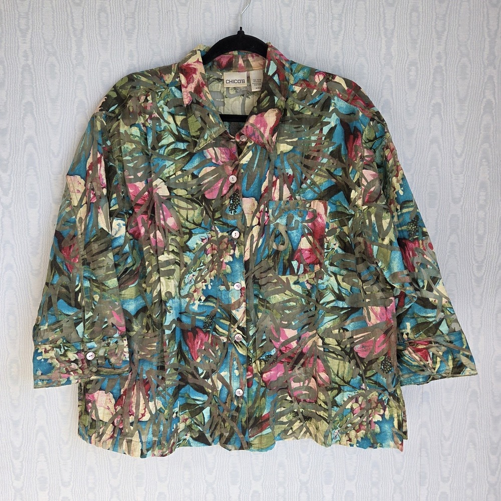 Vtg Chicos Womens XL (3) Button Down Top Sheer Floral Colorful Art To Wear‎ Boho